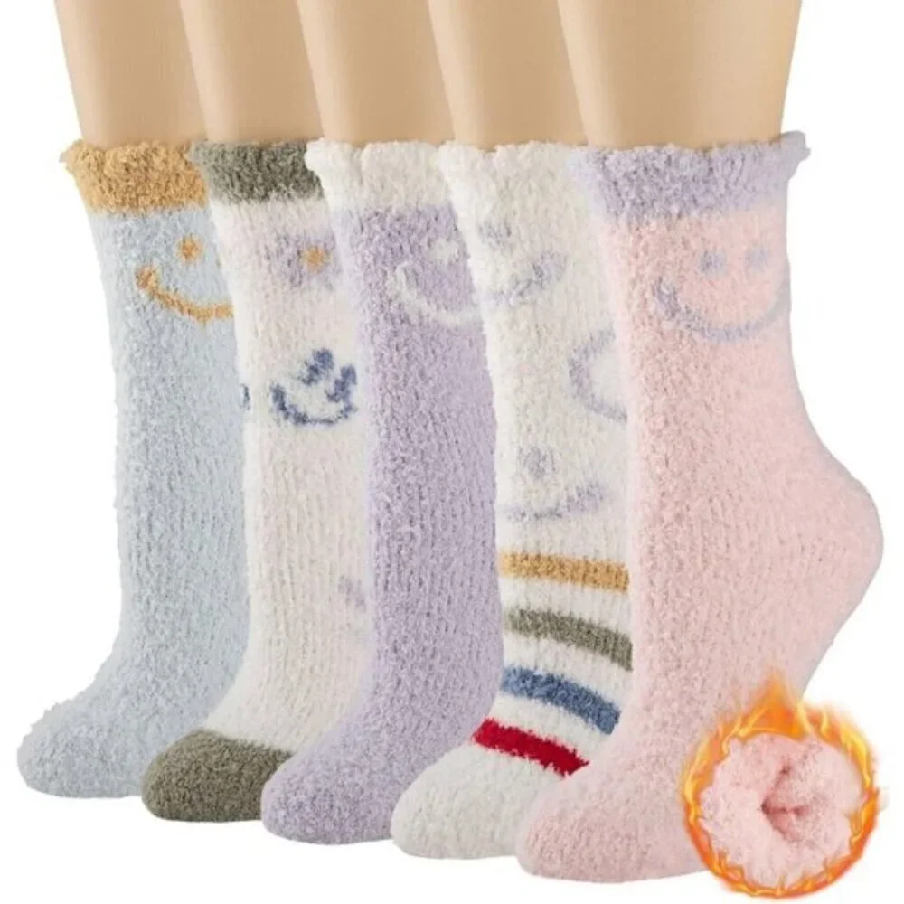 COOPLUS Womens Fuzzy Winter Slipper Socks 5-Pairs Soft Cozy Size 5-9